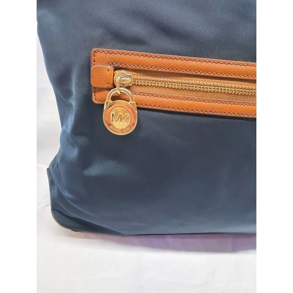 Michael Kors Navy Blue Nylon & Tan Leather Kelsey Shoulder Hobo Bag